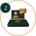 Step 2: computer monitor displaying a user avatar with a chat bubble, indicating online support or chat feature (step badge overlapping).