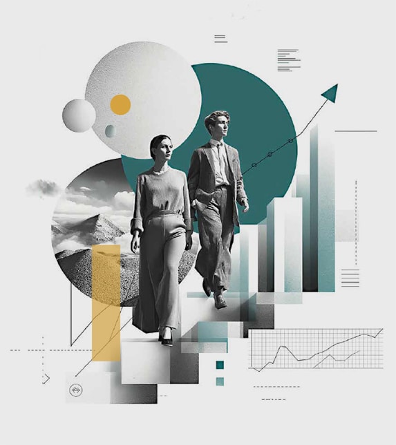 Two professionals in business attire walk up stair-like shapes in a abstract collage of charts and geometric figures, symbolizing progress.