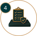 Icon of a certificate with a gold checkmark on a desk, indicating approval or completion (step 4).