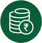 White database icon with a rupee symbol coin on a green circular background, representing financial data or money storage