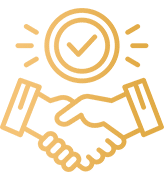 Handshake icon with a checkmark circle above, symbolizing trust, agreement, and partnership.