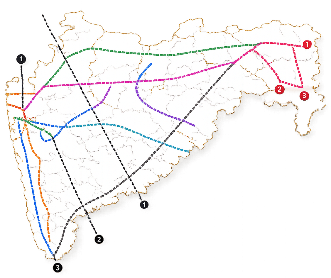 Color-coded route map across a country with multiple dashed lines and numbered points (1–3) at edges, showing alternate routes and connections.