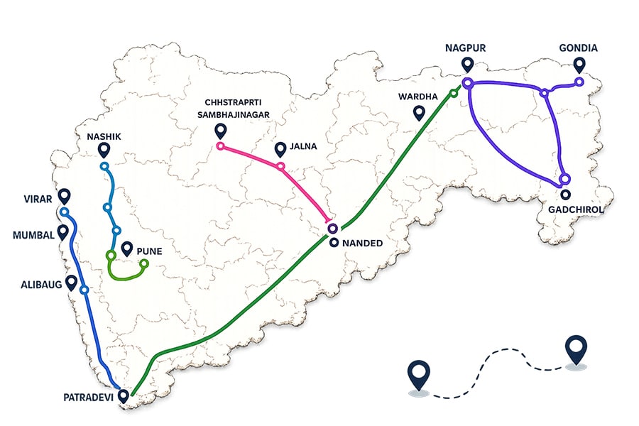 Colored map of Maharashtra showing railway routes from Patradevi to major cities like Mumbai, Nashik, Pune, Nanded, Wardha, Nagpur, and Gadchiroli/Gondia/Gadchiroli area. The routes are blue, green, pink, and purple with city pins labeled along the lines.