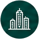 White line drawing of a city skyline with tall buildings inside a teal circular badge.