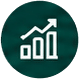 Growth chart icon with an upward arrow and bar chart on a green circular background