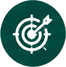 White bullseye target with an arrow striking the center on a teal circular background, symbolizing precision and goal achievement.