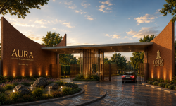 Brick entrance to Aura Lords' Estates Community with a gate, illuminated signage, and a car arriving at dusk behind landscaped gardens — Lords of the Lands